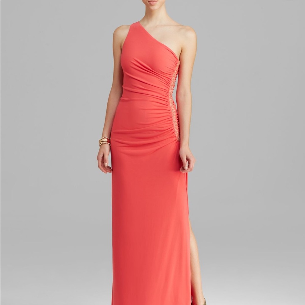 Long coral prom dress!